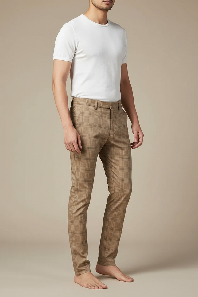 Pantalon Chino Carreaux Marron Slim Élégant Homme - Gabardine