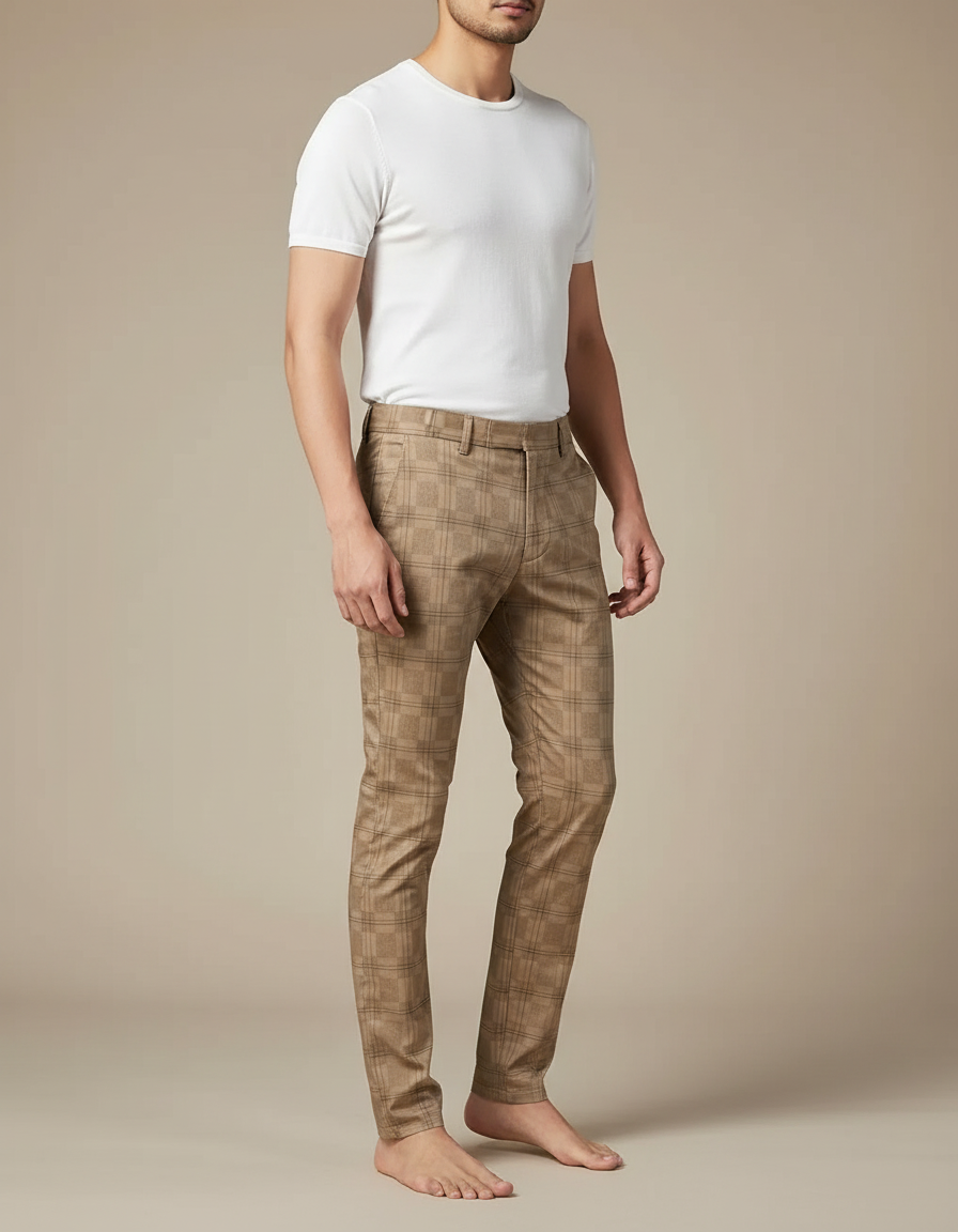 Pantalon Chino Carreaux Marron Slim Élégant Homme - Gabardine