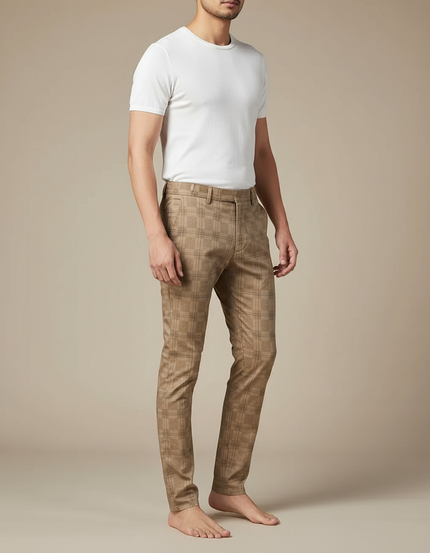 Pantalon Chino Carreaux Marron Slim Élégant Homme - Gabardine