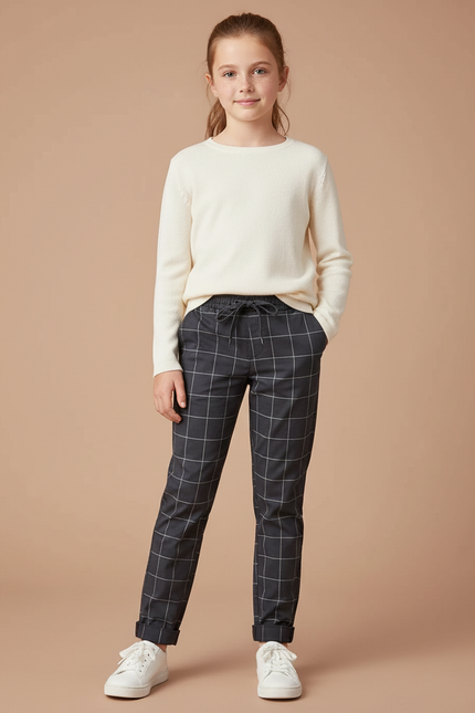 Pantalon Chino Carreaux Gris Cordon Décontracté Fille - Coton