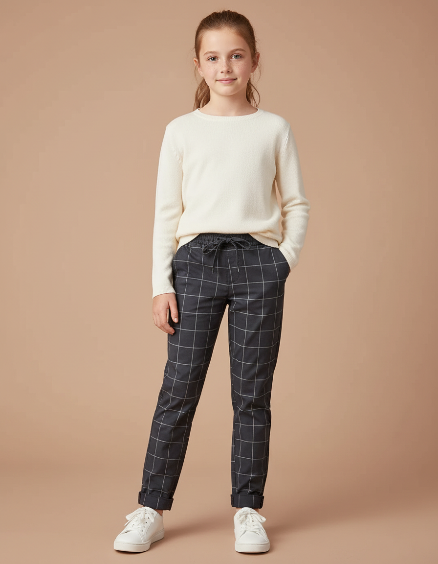Pantalon Chino Carreaux Gris Cordon Décontracté Fille - Coton