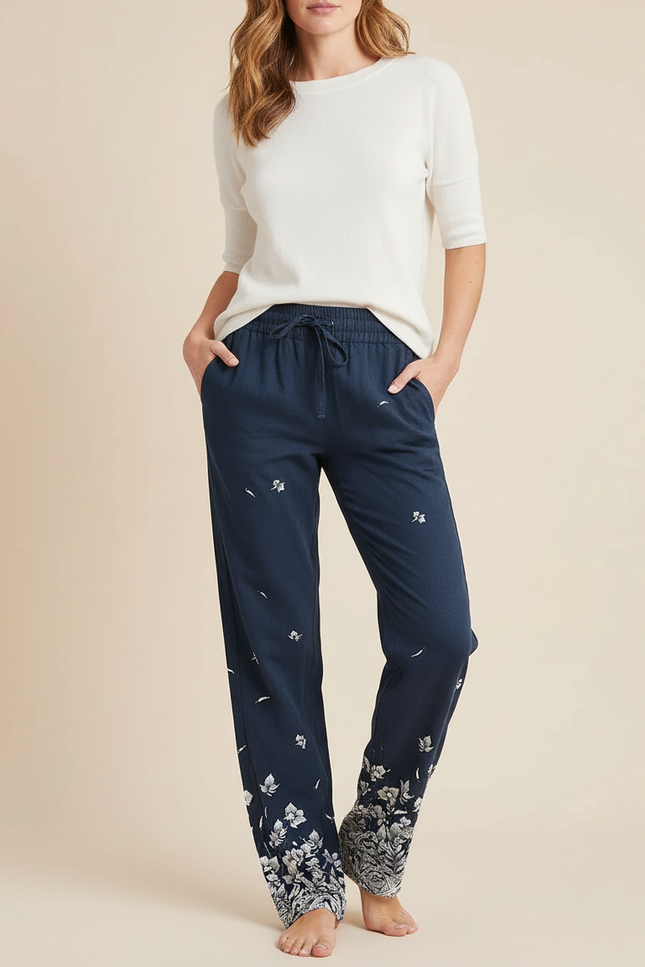 Pantalon Chino Bleu Marine Floral Ample Cordon - Lin