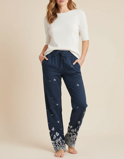 Pantalon Chino Bleu Marine Floral Ample Cordon - Lin