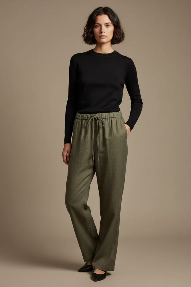 Pantalon Chino Vert Kaki Ample Lin Décontracté Femme