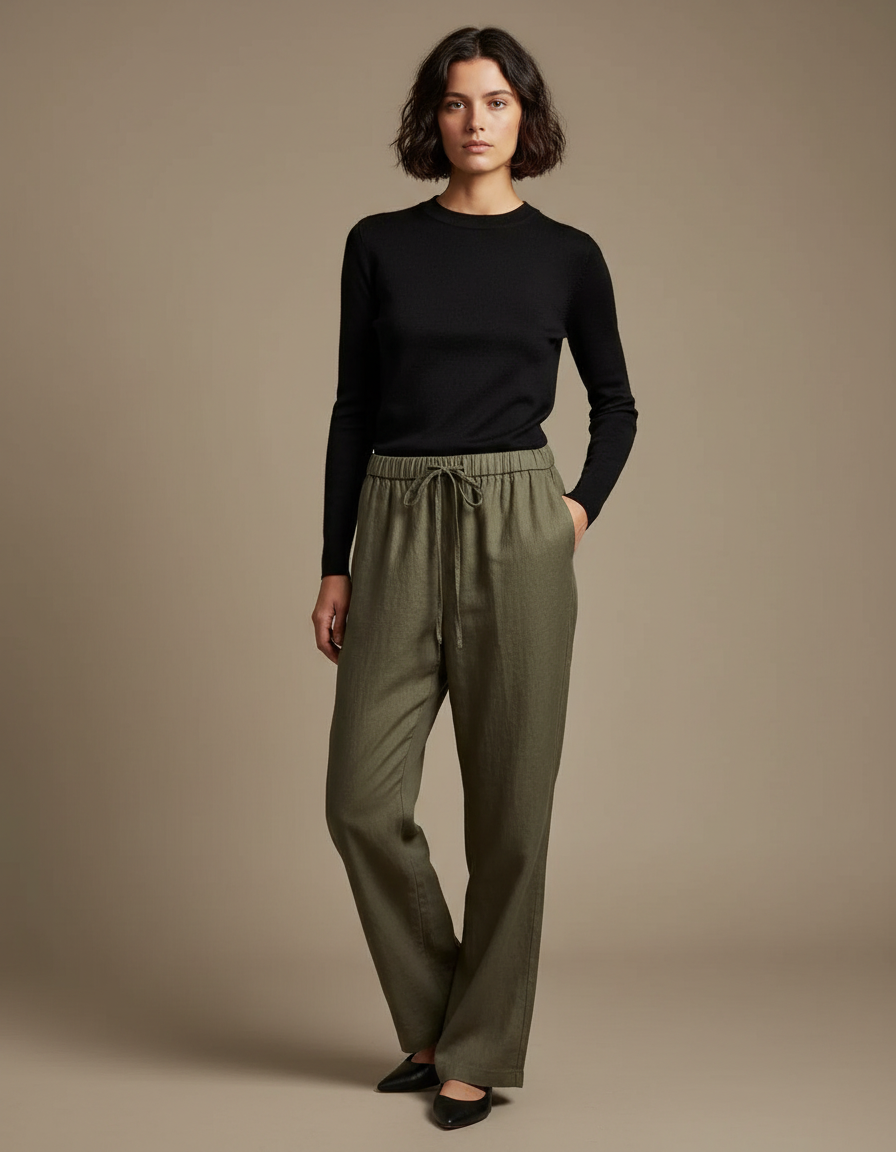 Pantalon Chino Vert Kaki Ample Lin Décontracté Femme