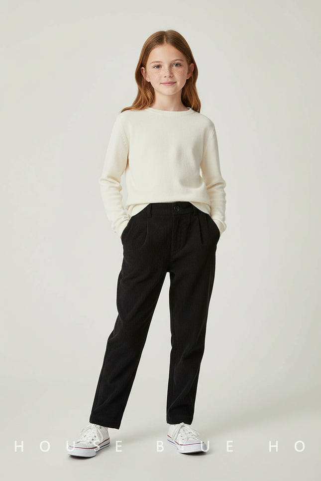 Pantalon Chino Noir Côtelé Décontracté Coupe Droite Enfant - Cordé