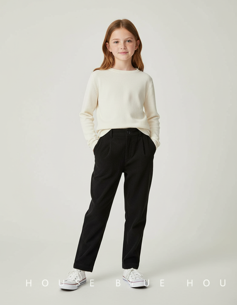 Pantalon Chino Noir Côtelé Décontracté Coupe Droite Enfant - Cordé