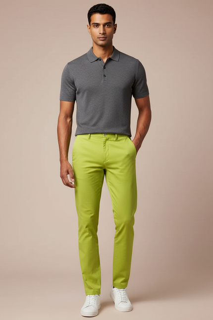 Pantalon Chino Vert Citron Homme Slim Élégant - Coton