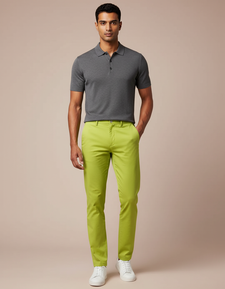 Pantalon Chino Vert Citron Homme Slim Élégant - Coton