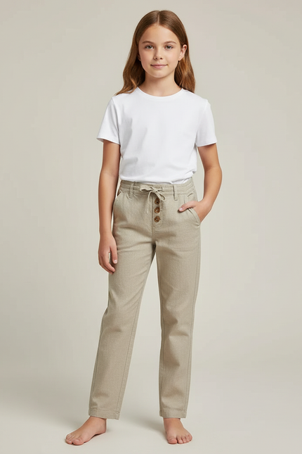 Pantalon Chino Beige Coton Droit Boutons Décontracté Enfant