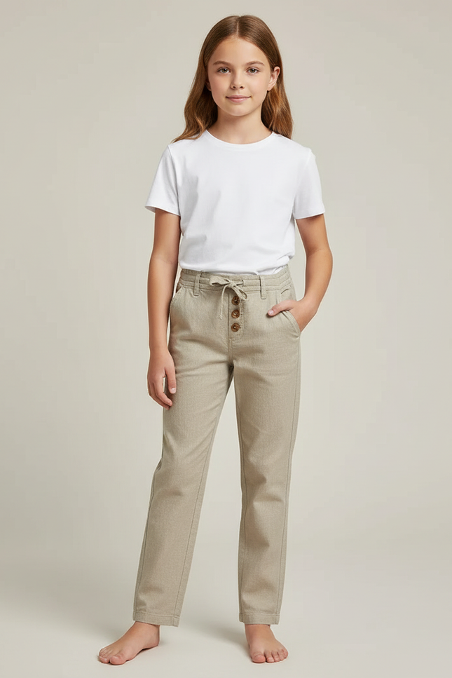 Pantalon Chino Beige Coton Droit Boutons Décontracté Enfant