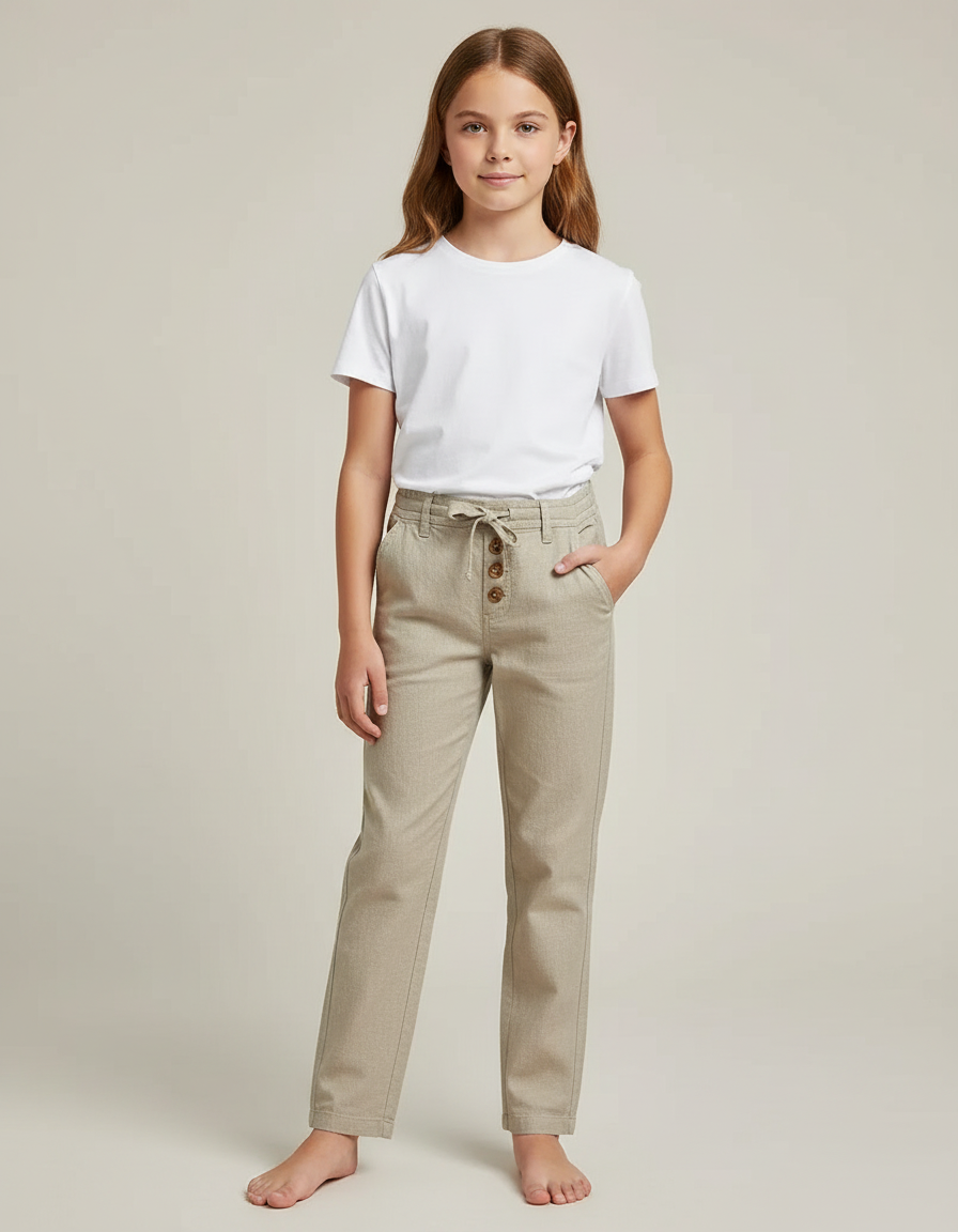 Pantalon Chino Beige Coton Droit Boutons Décontracté Enfant