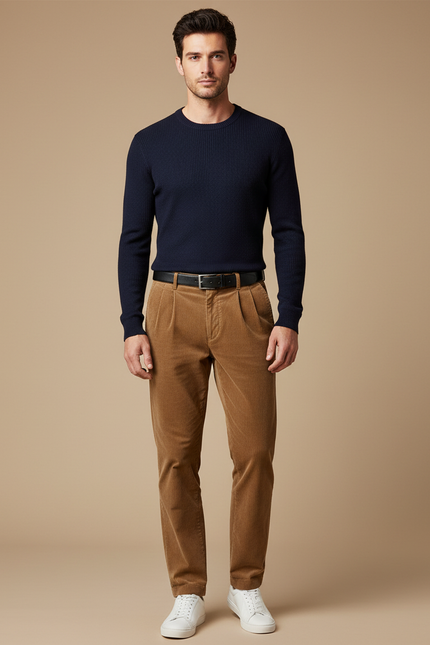 Pantalon Chino Marron Côtelé Plissé Décontracté Homme - Cordé
