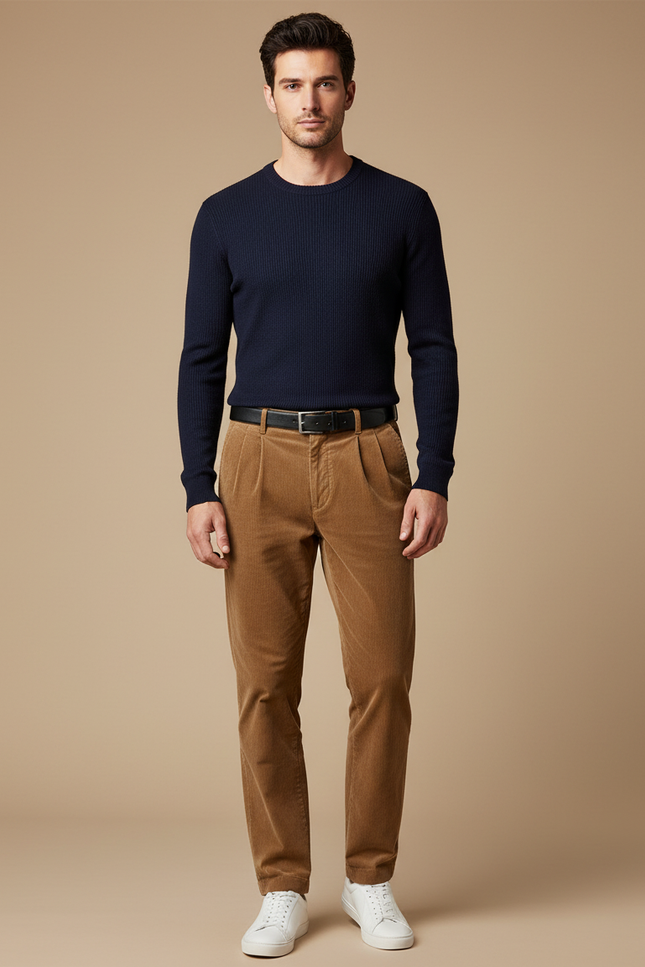 Pantalon Chino Marron Côtelé Plissé Décontracté Homme - Cordé