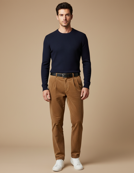 Pantalon Chino Marron Côtelé Plissé Décontracté Homme - Cordé