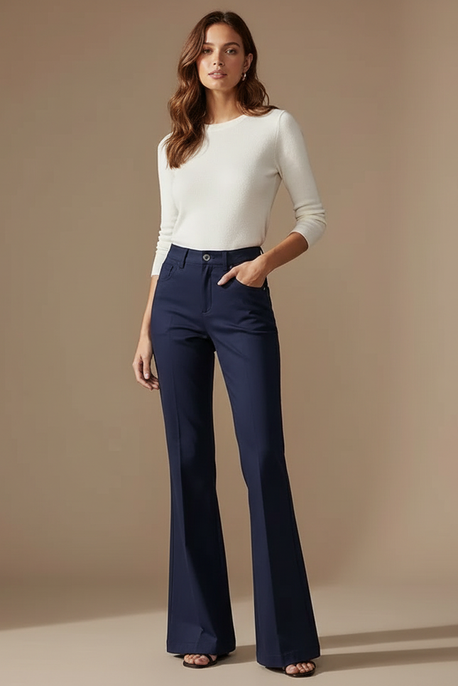 Pantalon Chino Bleu Marine Évasé Taille Haute Élégant - Polyester