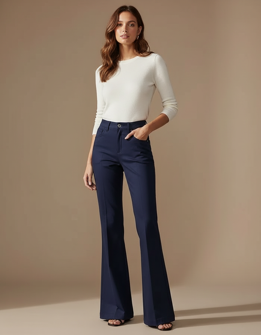 Pantalon Chino Bleu Marine Évasé Taille Haute Élégant - Polyester