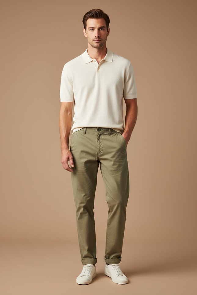 Pantalon Chino Kaki Coton Coupe Droite Homme Décontracté