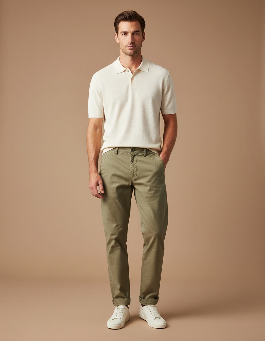 Pantalon Chino Kaki Coton Coupe Droite Homme Décontracté