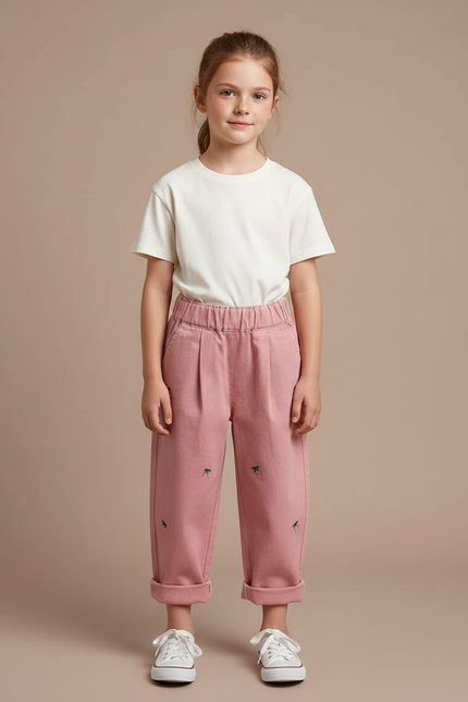 Pantalon Chino Rose Coton Ample Brodé Cerises Fille - Molleton