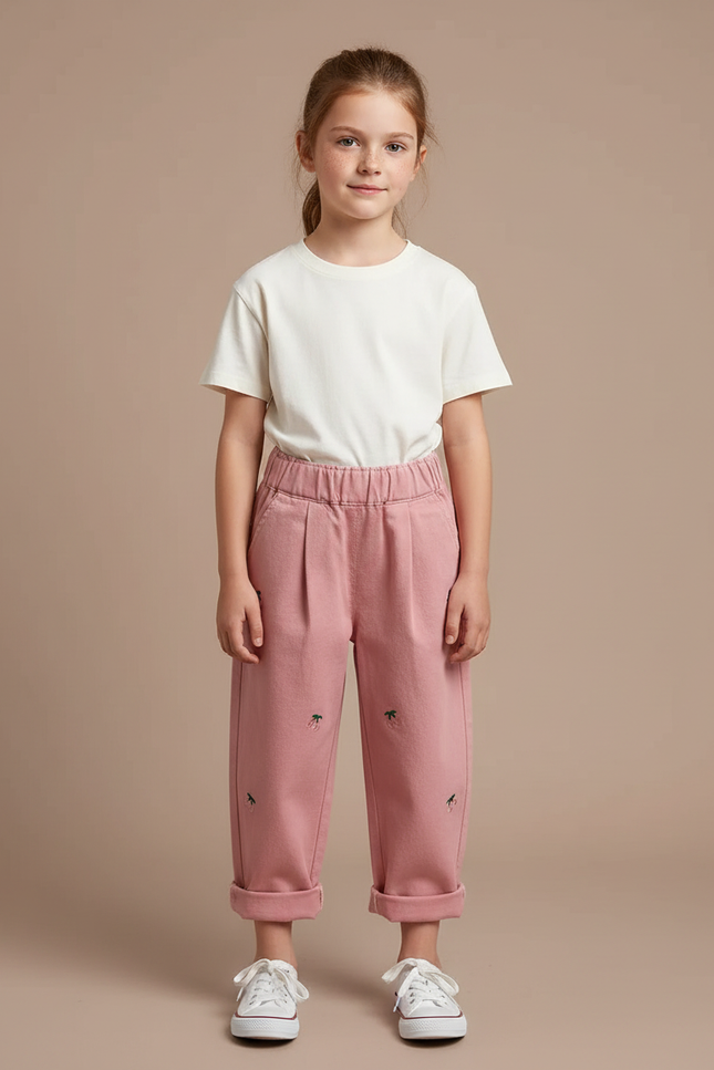 Pantalon Chino Rose Coton Ample Brodé Cerises Fille - Molleton