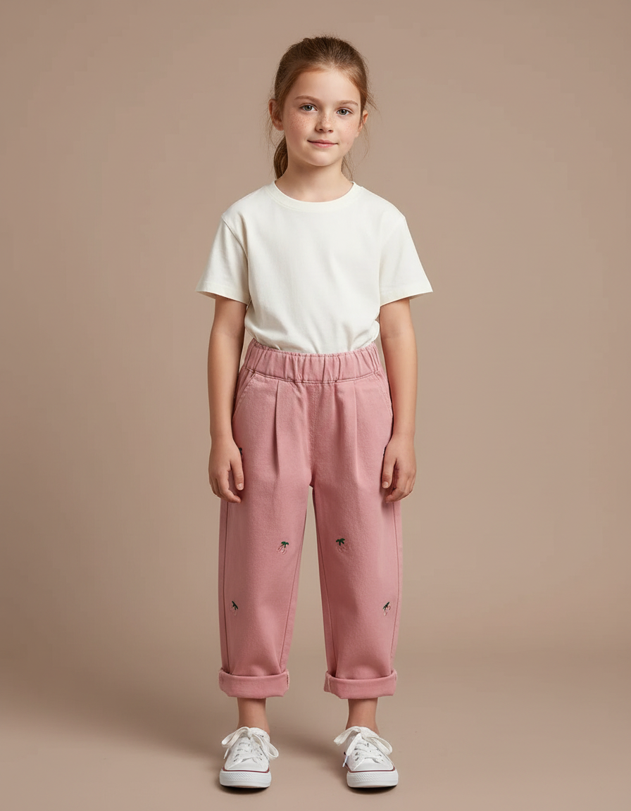 Pantalon Chino Rose Coton Ample Brodé Cerises Fille - Molleton