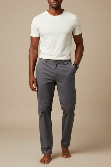Pantalon Chino Gris Coton Coupe Droite Homme Décontracté