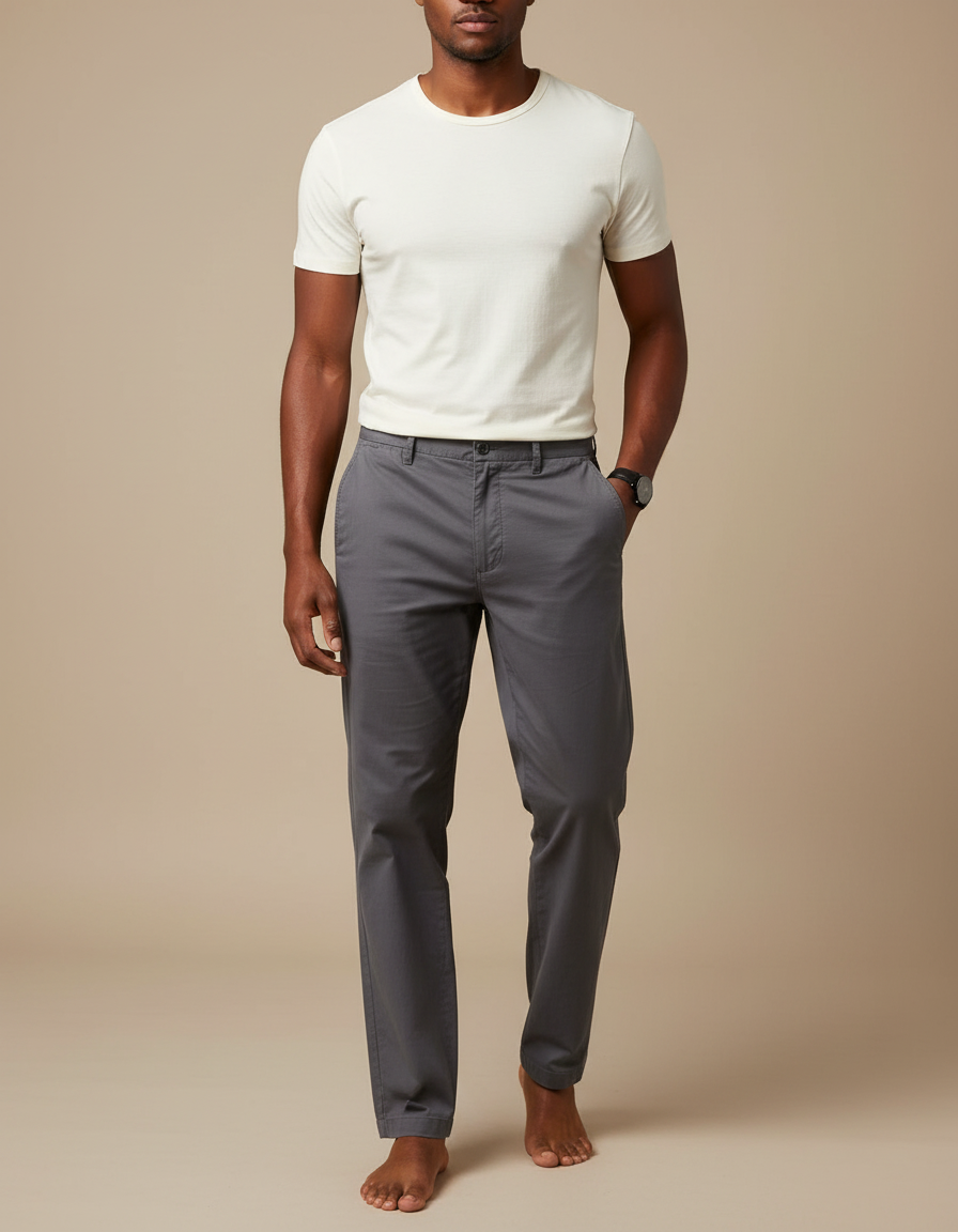 Pantalon Chino Gris Coton Coupe Droite Homme Décontracté
