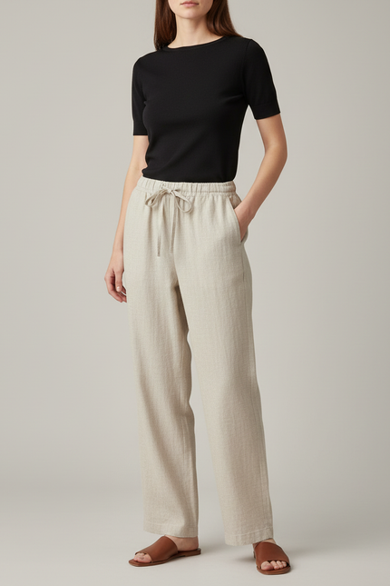 Pantalon Chino Lin Ample Droit Écru Femme - Beige