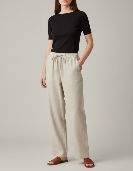 Pantalon Chino Lin Ample Droit Écru Femme - Beige