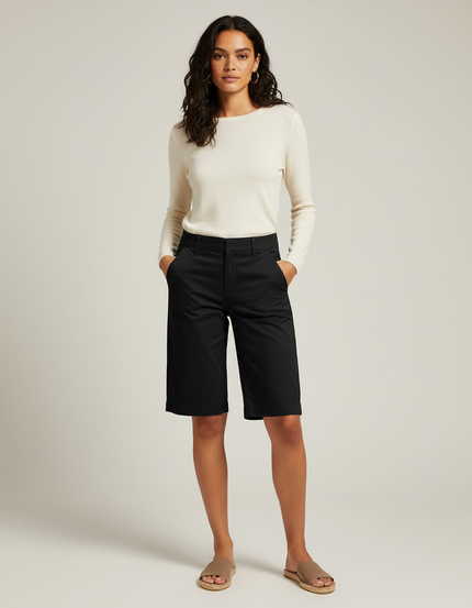Pantalon Chino Noir Coton Court Ample Femme