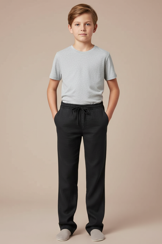 Pantalon Chino Noir Lin Cordon Décontracté Garçon