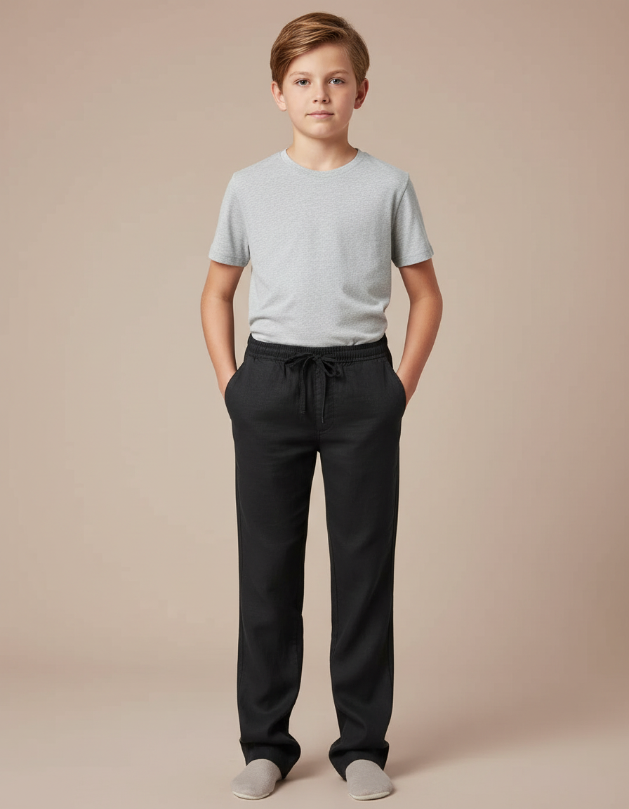 Pantalon Chino Noir Lin Cordon Décontracté Garçon