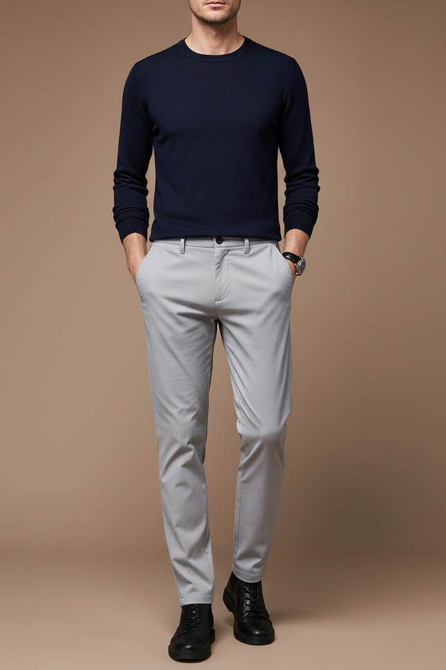 Pantalon Chino Gris Clair Coton Slim Homme Décontracté
