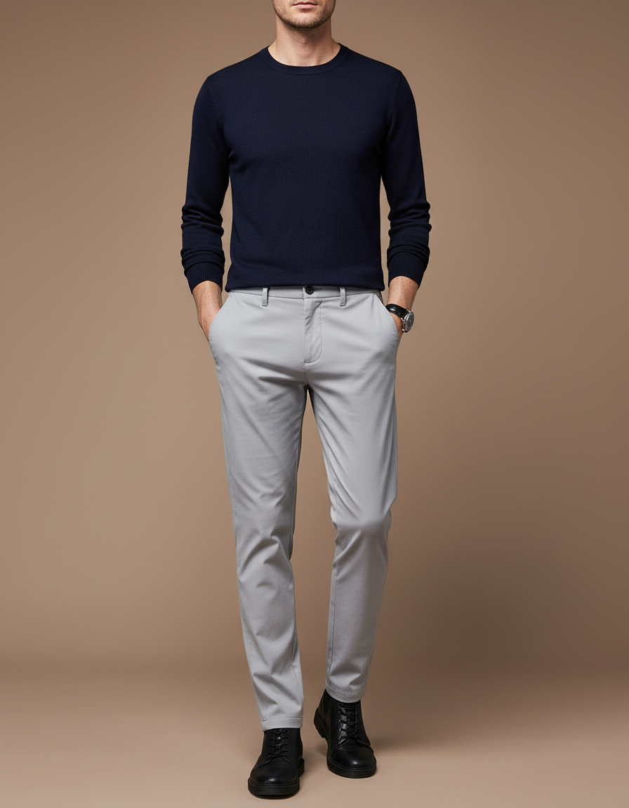 Pantalon Chino Gris Clair Coton Slim Homme Décontracté