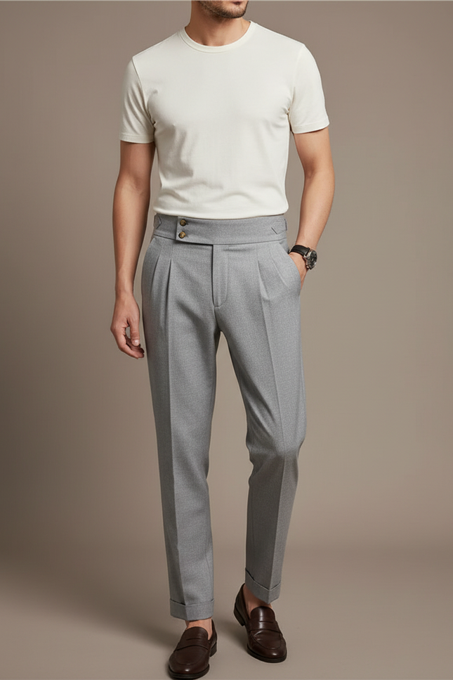 Pantalon Chino Gris Plissé Élégant Slim Homme - Gabardine