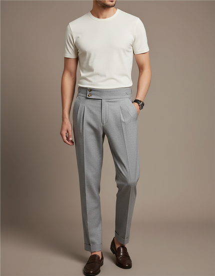 Pantalon Chino Gris Plissé Élégant Slim Homme - Gabardine