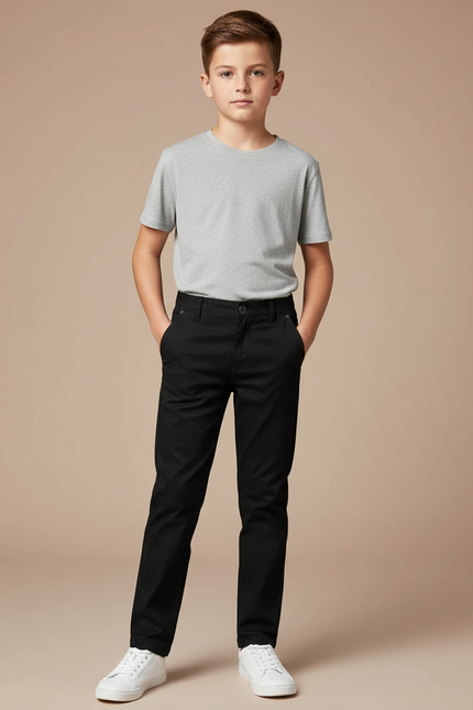 Pantalon Chino Noir Coton Coupe Droite Enfant Garçon