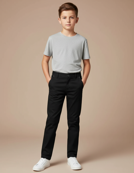 Pantalon Chino Noir Coton Coupe Droite Enfant Garçon