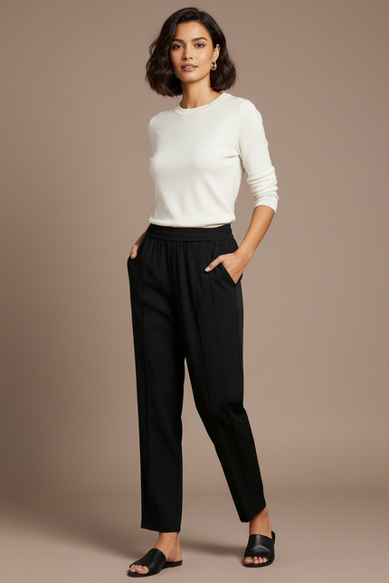 Pantalon Chino Noir Droit Fluide Élastique Femme - Polyester