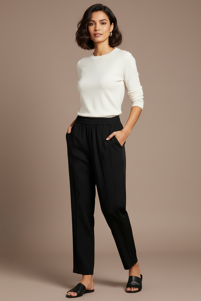 Pantalon Chino Noir Droit Fluide Élastique Femme - Polyester