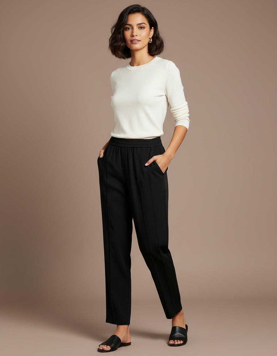Pantalon Chino Noir Droit Fluide Élastique Femme - Polyester