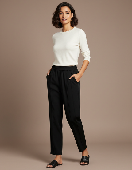 Pantalon Chino Noir Droit Fluide Élastique Femme - Polyester