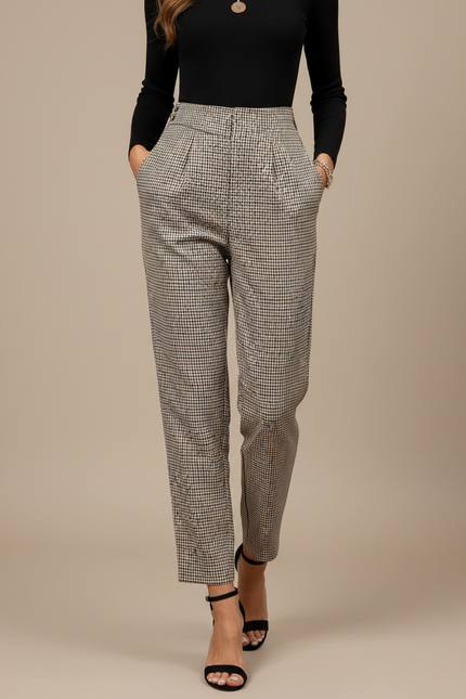 Pantalon Chino Carreaux Plissé Taille Haute Vintage - Beige Laine