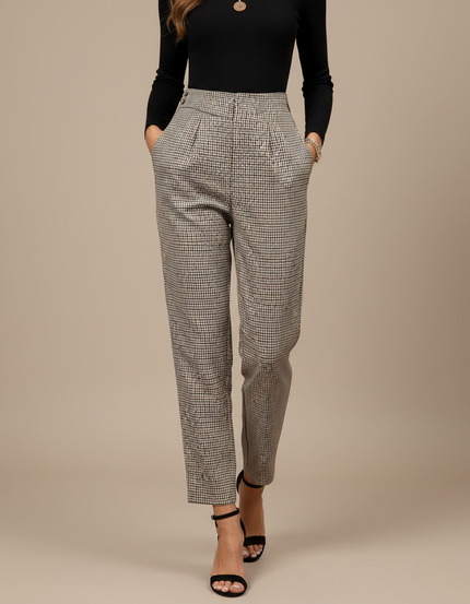 Pantalon Chino Carreaux Plissé Taille Haute Vintage - Beige Laine