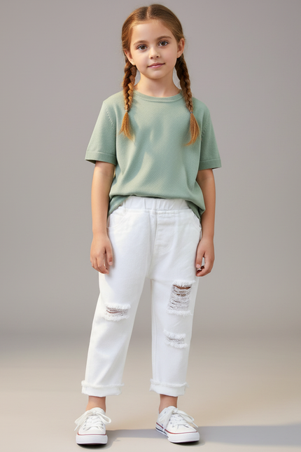 Pantalon Chino Blanc Enfant Déchiré Décontracté Coton