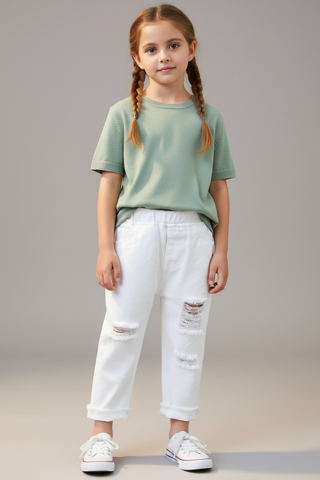 Pantalon Chino Blanc Enfant Déchiré Décontracté Coton
