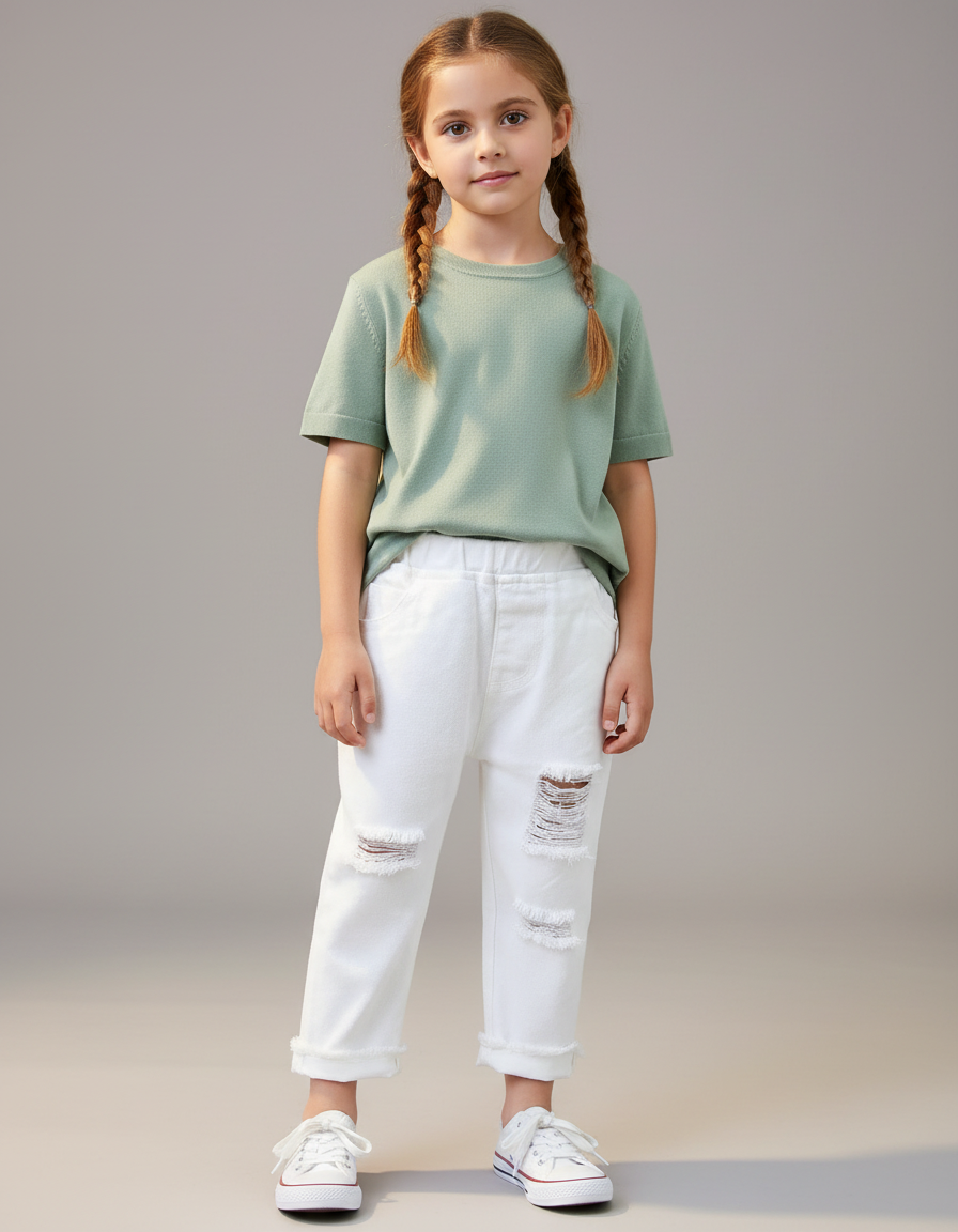 Pantalon Chino Blanc Enfant Déchiré Décontracté Coton