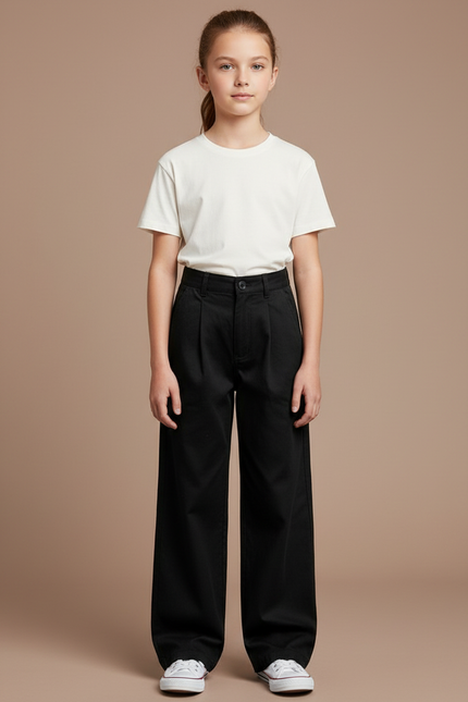 Pantalon Chino Noir Ample Droit Taille Haute Enfant - Gabardine