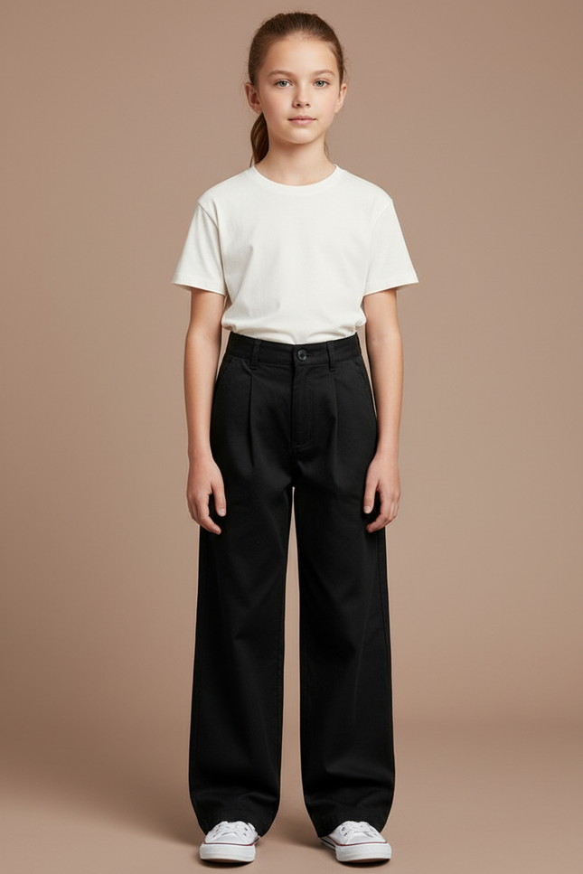 Pantalon Chino Noir Ample Droit Taille Haute Enfant - Gabardine